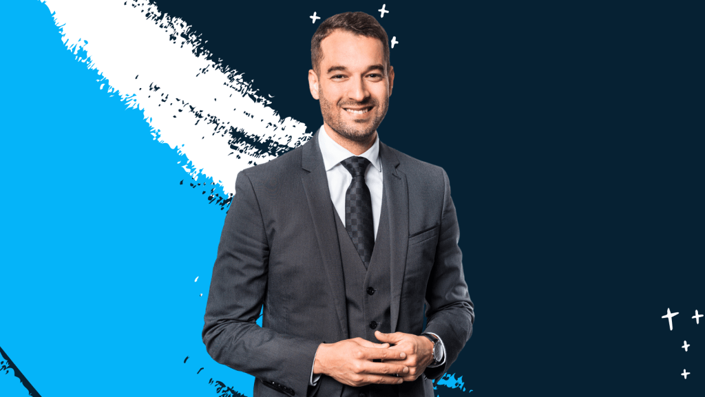portrait de Vinz le magicien de face en costume gris